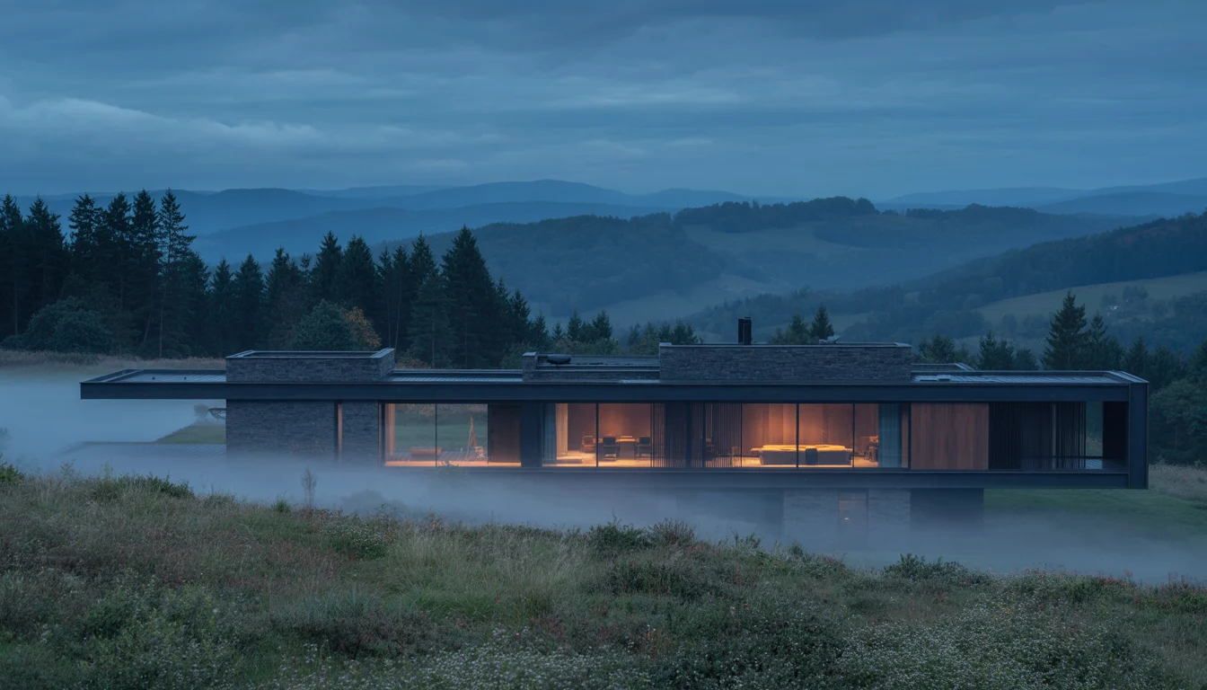 A residence at dusk among hills — mist, warm light from within
